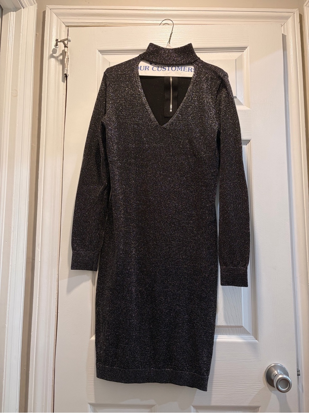 Michael Kors Sparkle Knit V-Neck Long Sleeve Midi Dress in Black
